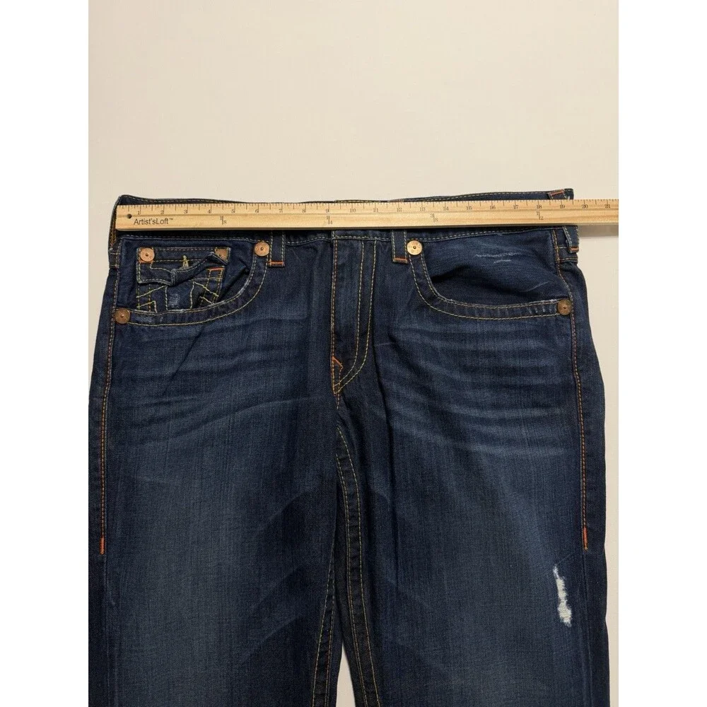 True Religion Ricky Jeans Mens 34x32 Blue Relaxed Straight Zip Fly Stretch Flap